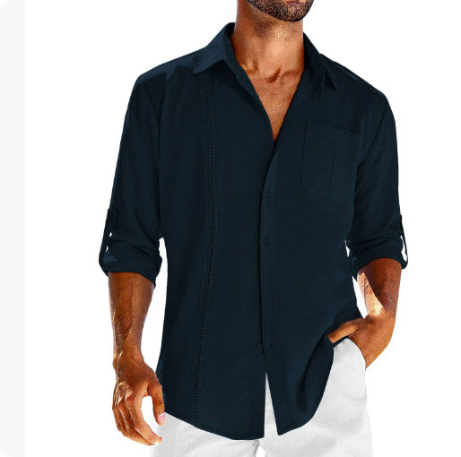 Casual Long Sleeve Shirt With Pocket Lace Polo Collar Solid Color Button Mens Clothing