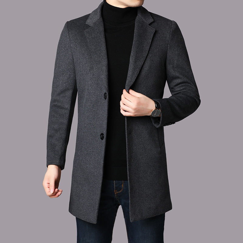 Handsome Men's Jacket With Wool Solid Color Lapel Collar