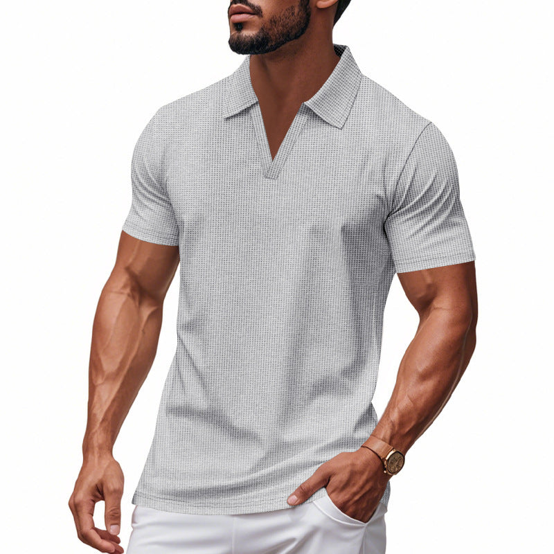 Summer Men's Loose Leisure Sports V-neck Waffle Short Sleeve Lapel Polo Shirt Men