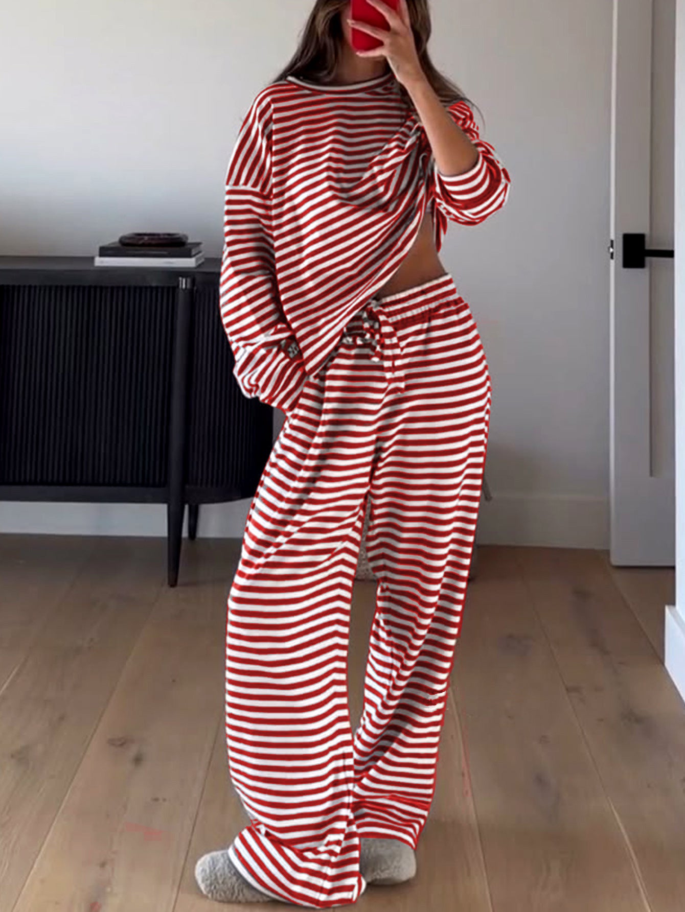 Loose-fitting Striped Long Sleeves Trousers Homewear