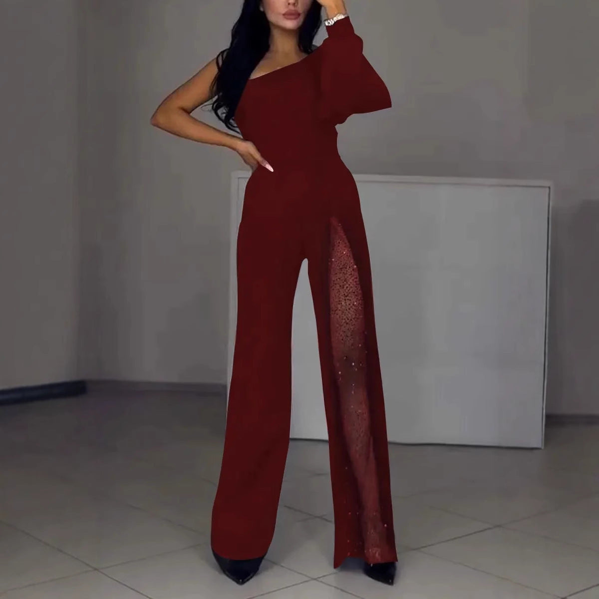 Fall Winter Fashion Sexy Oblique Shoulder High Slit Women's Jumpsuit