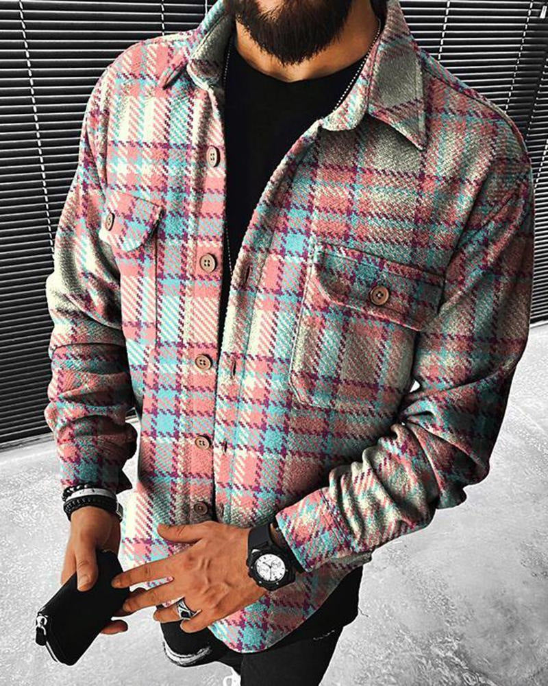 Spring And Autumn Men's Color Block Check Print Shirt