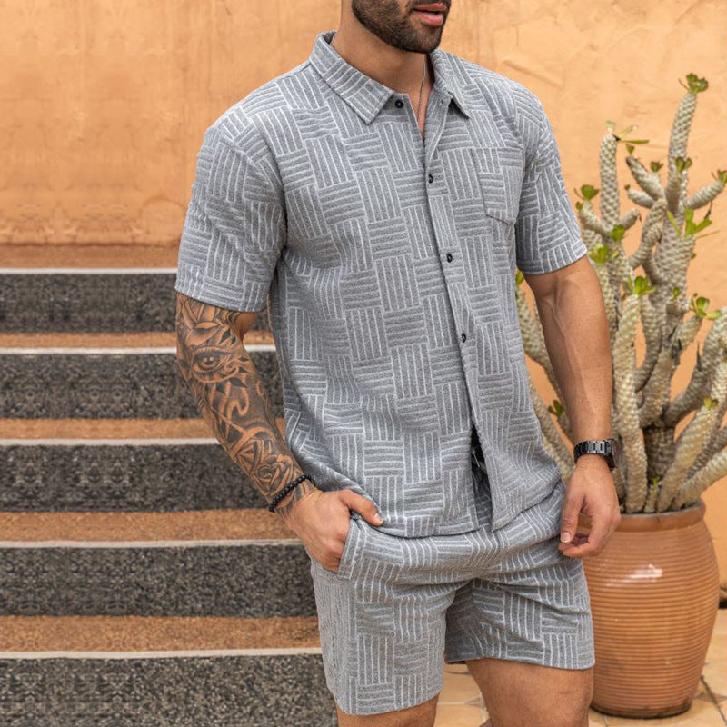 Men's Jacquard Button Shirt Lapel Casual T-shirt Suit