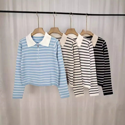 Spring Knitted Loose Contrast Color Striped Collar Long-sleeved Sweater For Women