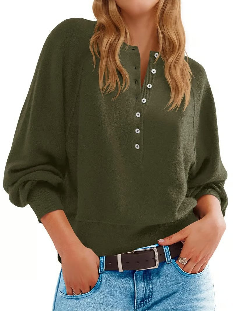 Women's Solid Color Knitted Button Loose Lantern Sleeve V-neck Sweater