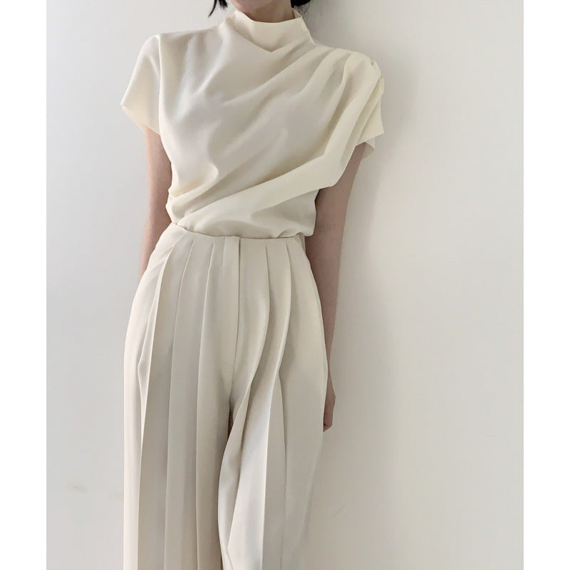 Stand Collar Pleated Sleeveless Top High Waist Pleated Wide Leg Pants Suit