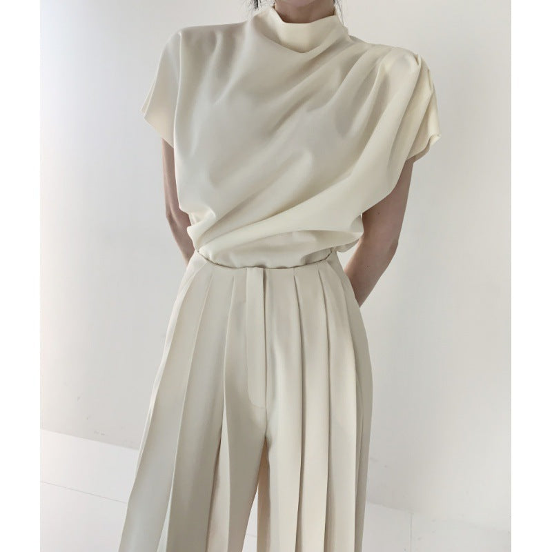 Stand Collar Pleated Sleeveless Top High Waist Pleated Wide Leg Pants Suit