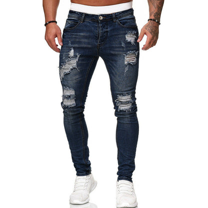 Fashion Street Style Ripped Skinny Jeans Men Vintage Wash Solid Denim Trouser Mens Casual Slim Fit Pencil Denim Pants