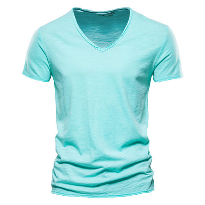 Men'S New Solid Color Slubby Cotton Short Sleeve T-Shirt