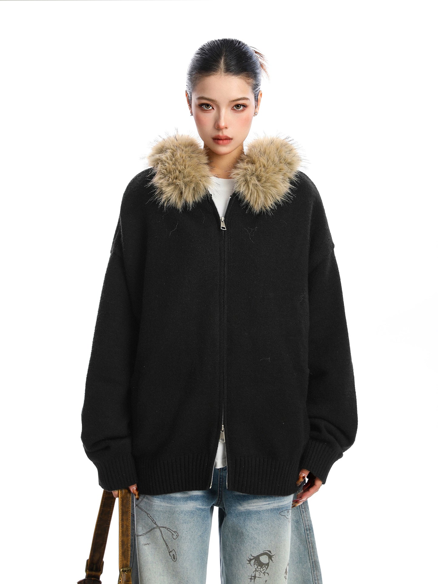 Detachable Fur Collar Hood Sweater Women's Coat