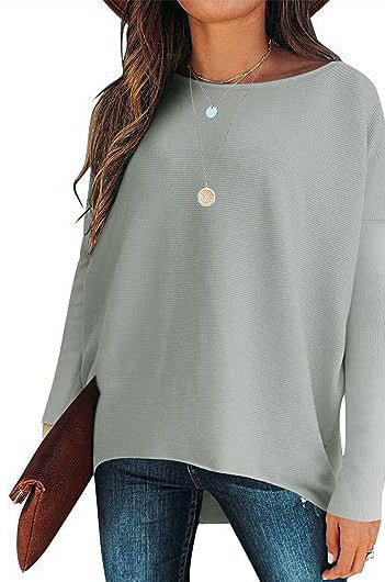 High And Low Batwing Sleeve Knitted Loose Pullover Waist Top