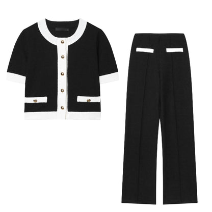 Contrast Color Beaded Leather Round Neck Top Stretch High-waisted Trousers Suit