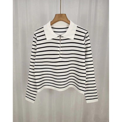 Spring Knitted Loose Contrast Color Striped Collar Long-sleeved Sweater For Women