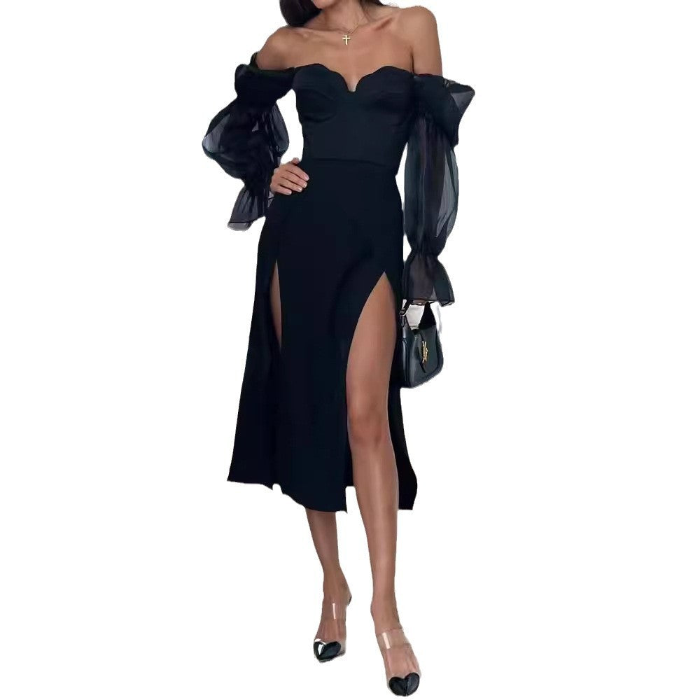 Women's Sexy Off-the-shoulder Tube Top Mesh Lantern Sleeve Slim Fit Slit Dress