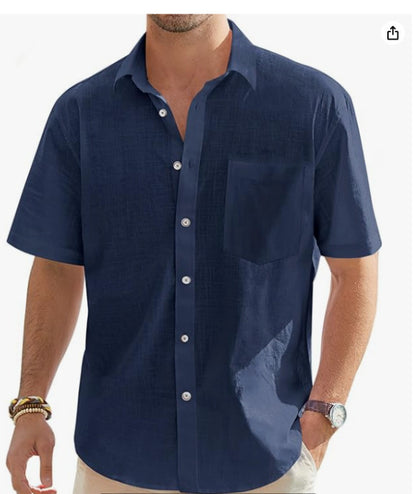 Men's Cotton And Linen Short Sleeve Shirt Top