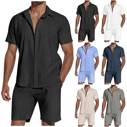 Short Sleeve Lapel Linen Shirt Men