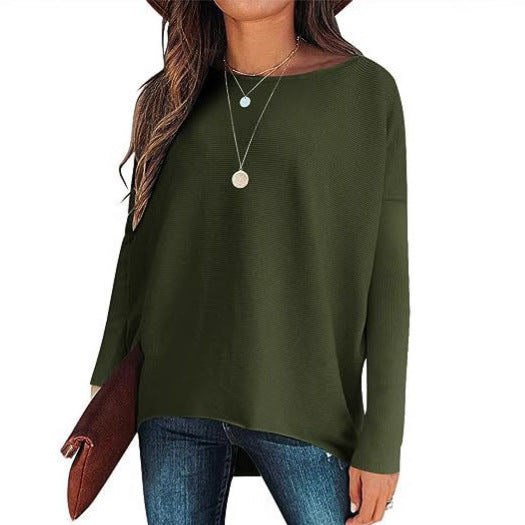 High And Low Batwing Sleeve Knitted Loose Pullover Waist Top