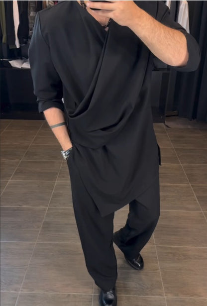 Men's Casual Long Sleeve Draped Top High Waist Pants Set-Black