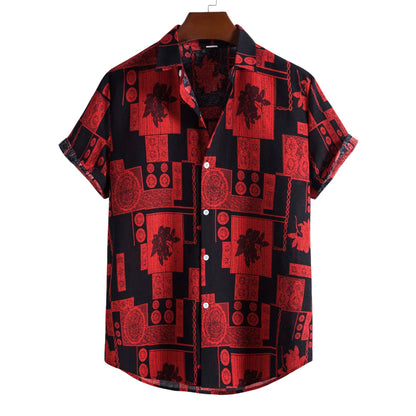 New Men's Fashion Trend Cotton Linen Printed Short Sleeve Shirt
