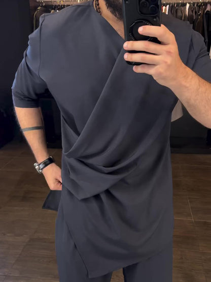 Men's Casual Long Sleeve Draped Top High Waist Pants Set