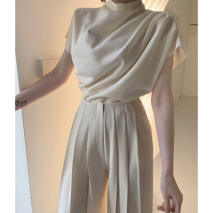 Stand Collar Pleated Sleeveless Top High Waist Pleated Wide Leg Pants Suit