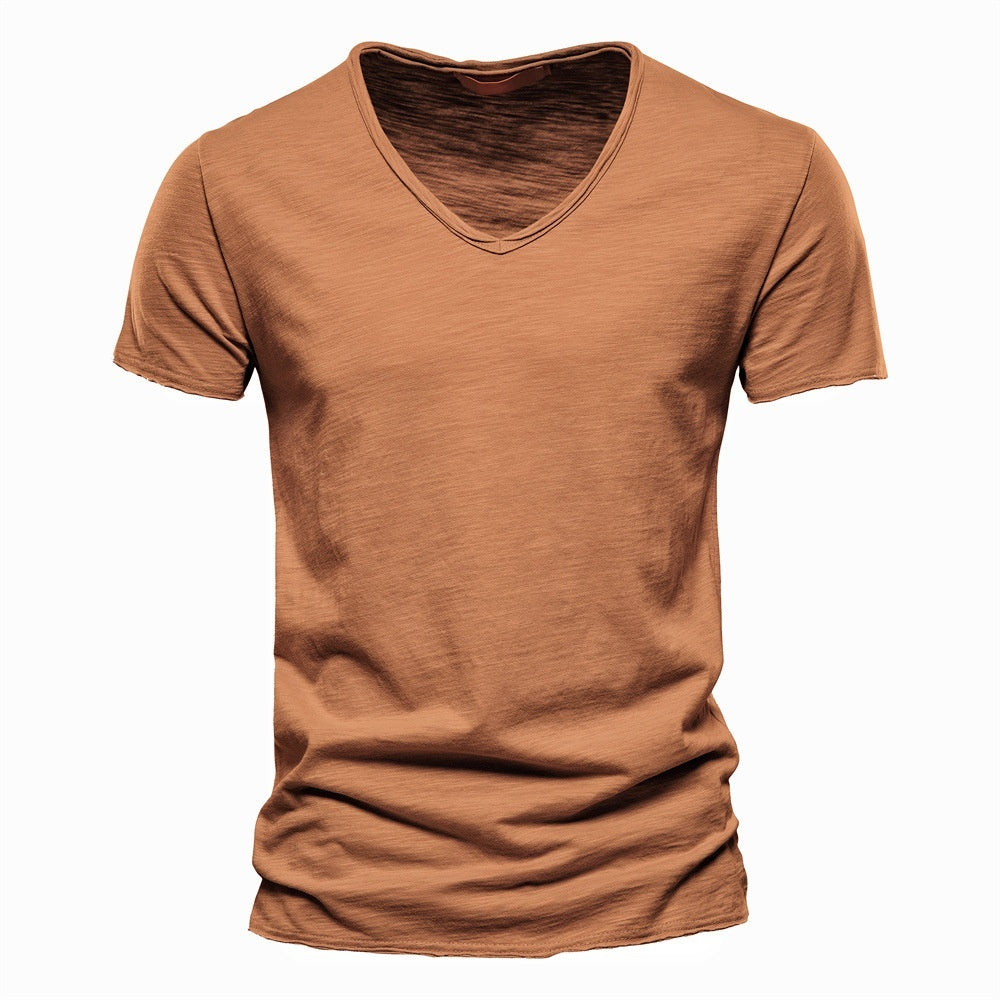Men'S New Solid Color Slubby Cotton Short Sleeve T-Shirt