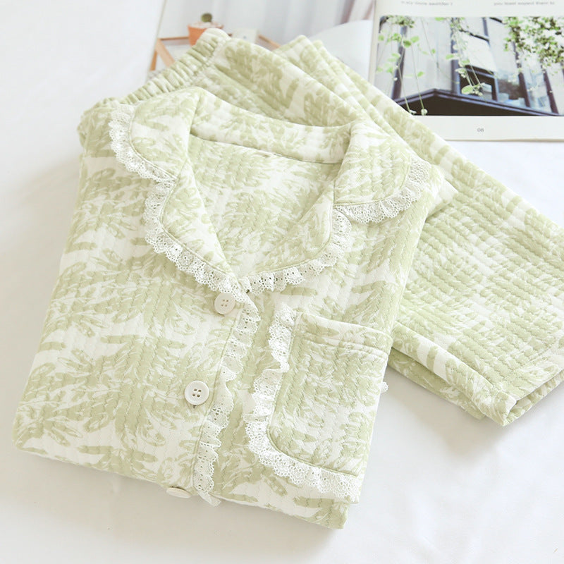 Lace Lapel Cotton Air Layer Pajamas Suit
