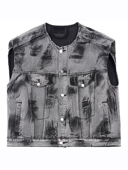 American Street Graffiti Padded Shoulder Sleeveless Denim Coat