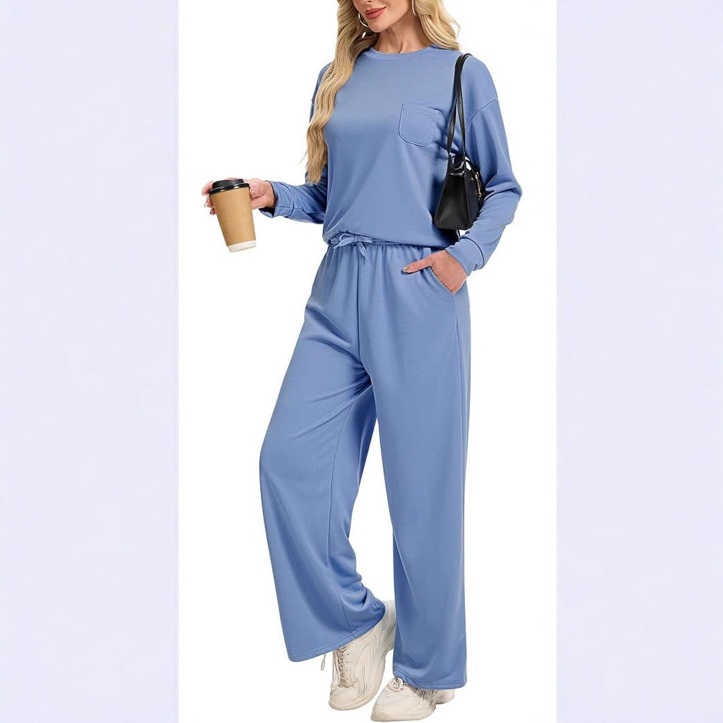 Knitted Long-sleeved Top Casual Wide-leg Trousers Suit