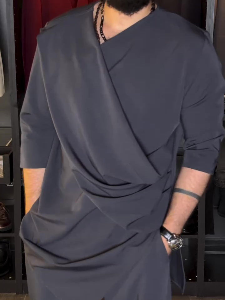 Men's Casual Long Sleeve Draped Top High Waist Pants Set