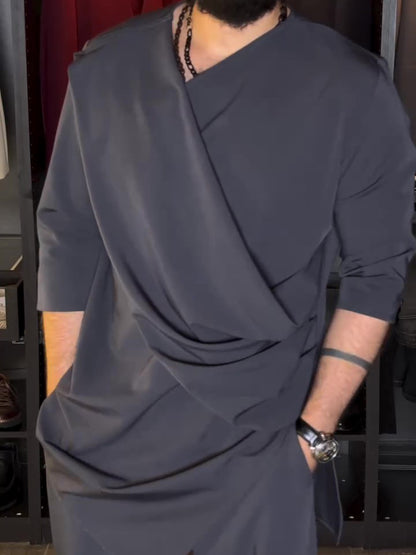 Men's Casual Long Sleeve Draped Top High Waist Pants Set