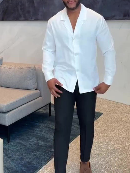 White Long -Sleeve Notch-lapel Button-down Shirt