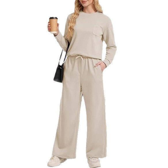 Knitted Long-sleeved Top Casual Wide-leg Trousers Suit