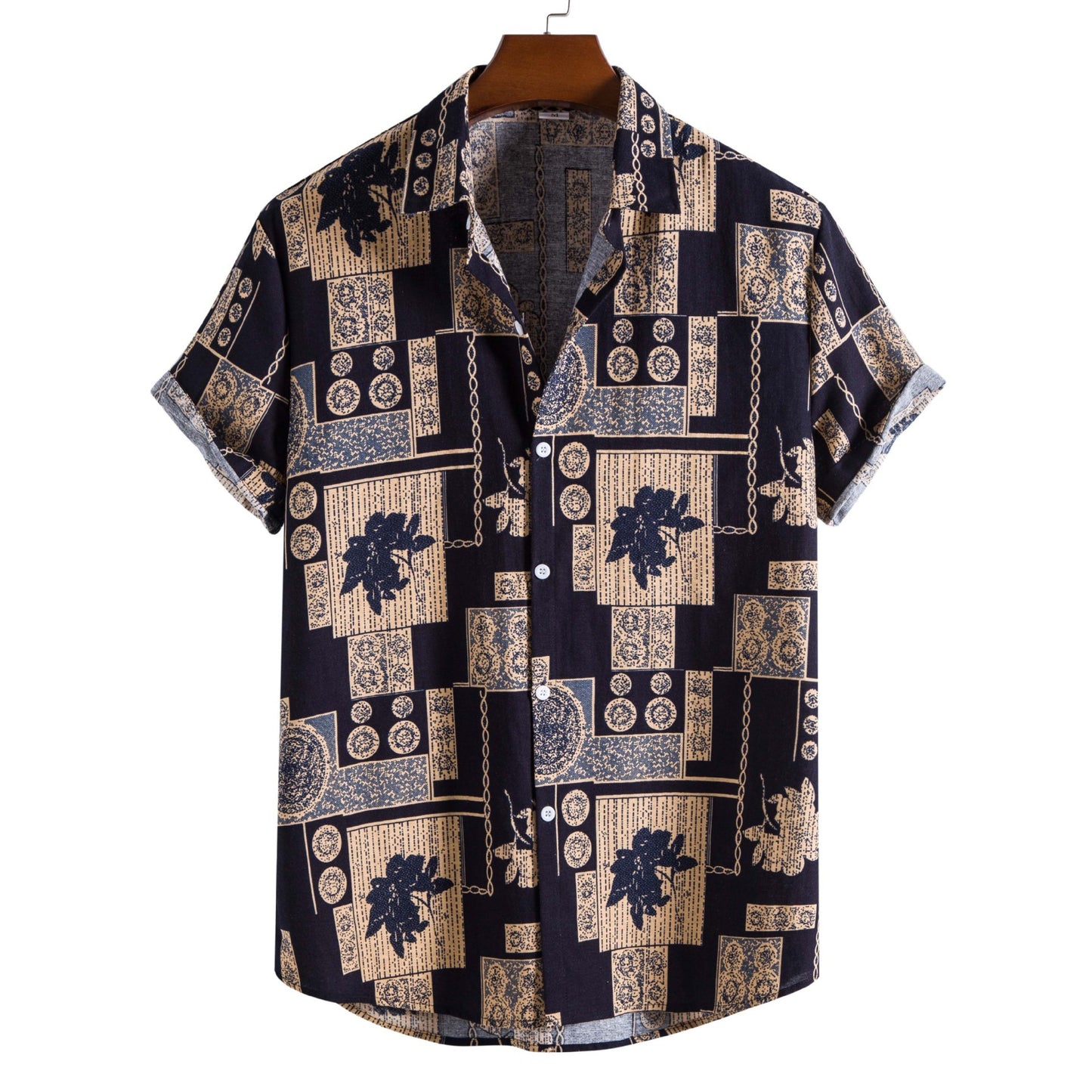 New Men's Fashion Trend Cotton Linen Printed Short Sleeve Shirt