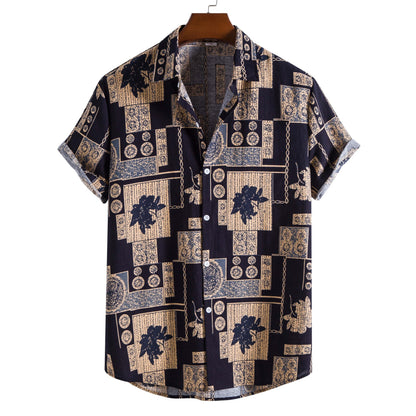 New Men's Fashion Trend Cotton Linen Printed Short Sleeve Shirt