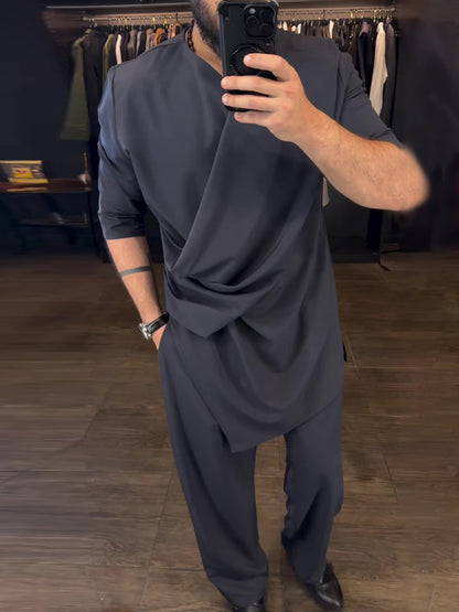 Men's Casual Long Sleeve Draped Top High Waist Pants Set