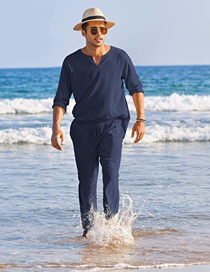 New Men's Casual Solid Color Pocket Elastic Cotton And Linen Suit