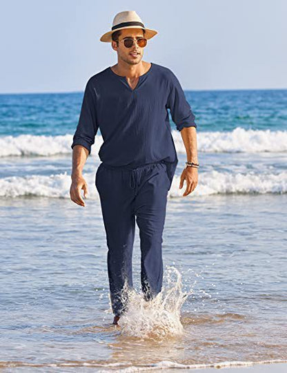 New Men's Casual Solid Color Pocket Elastic Cotton And Linen Suit