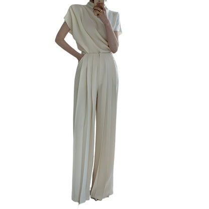 Stand Collar Pleated Sleeveless Top High Waist Pleated Wide Leg Pants Suit