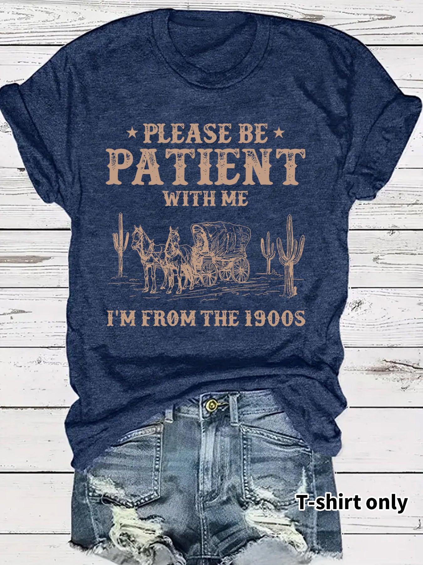 Western Denim Retro Pattern Round Neck Short Sleeve