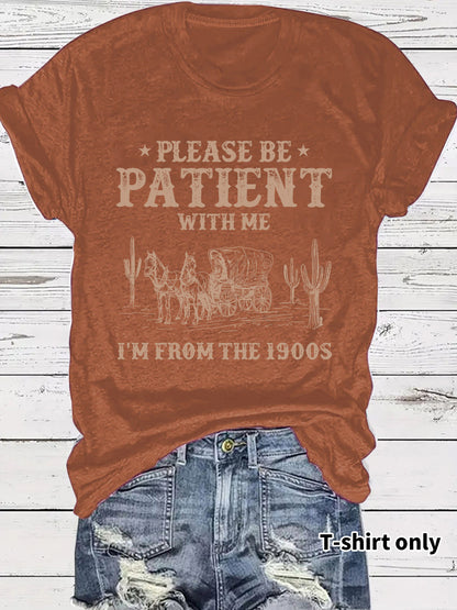 Western Denim Retro Pattern Round Neck Short Sleeve