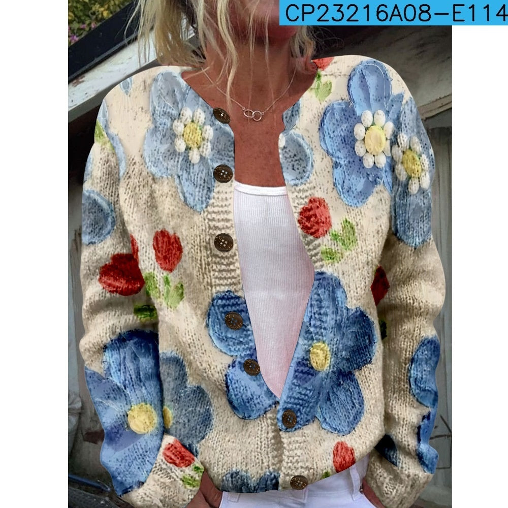 New Women's Autumn And Winter Style Loose 3D Printed Knitted Cardigan Sweater