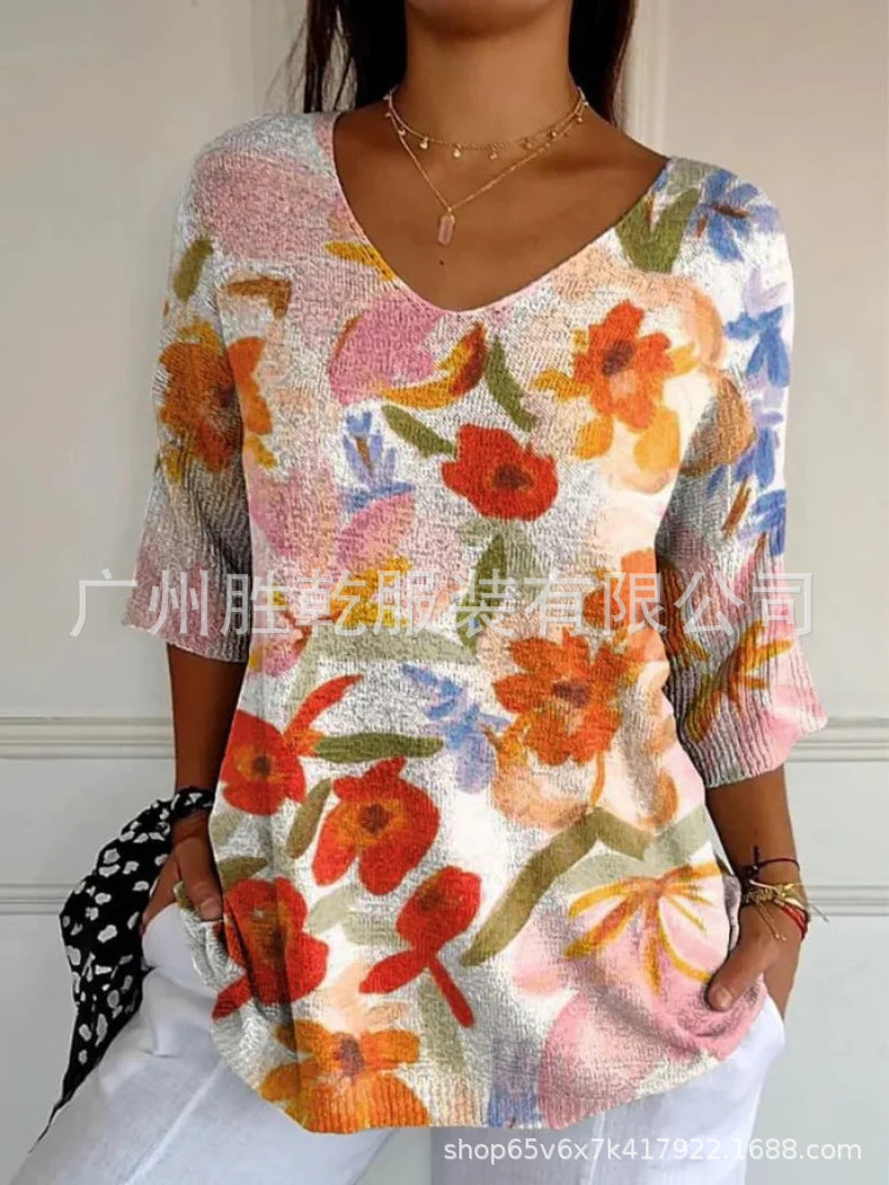 Fashion Casual V-neck 3D Printed Geometric Top For Women