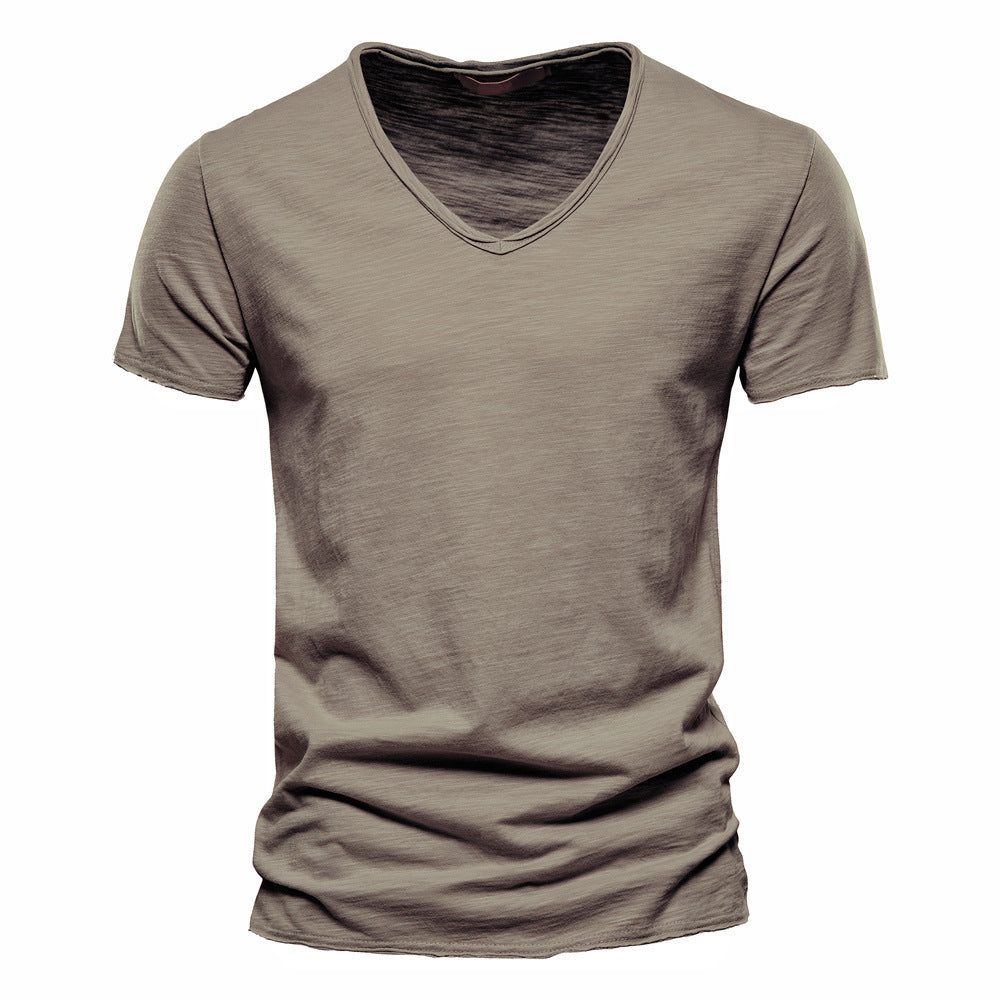 Men'S New Solid Color Slubby Cotton Short Sleeve T-Shirt