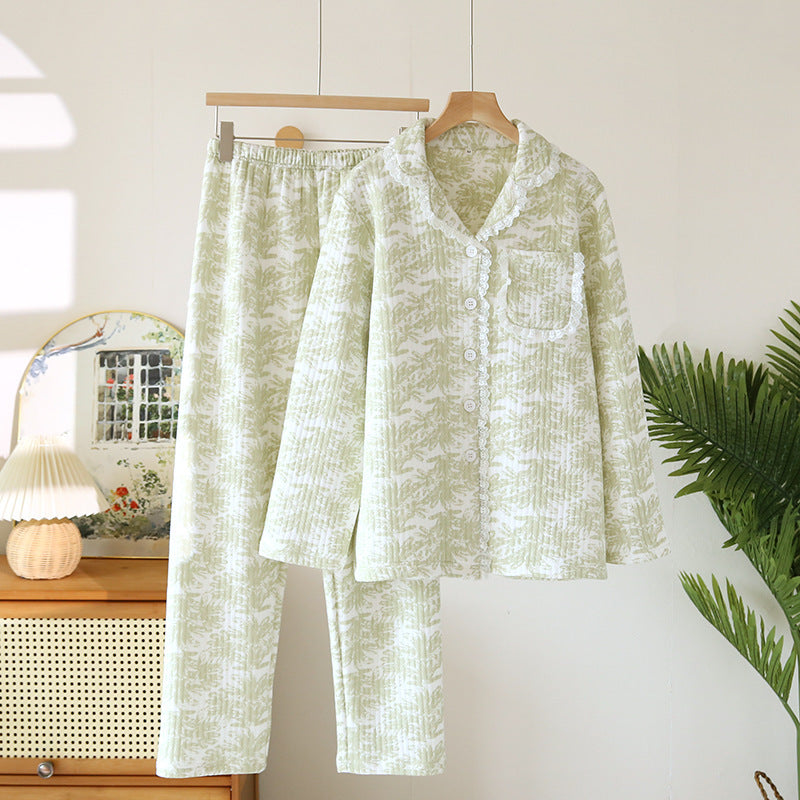 Lace Lapel Cotton Air Layer Pajamas Suit