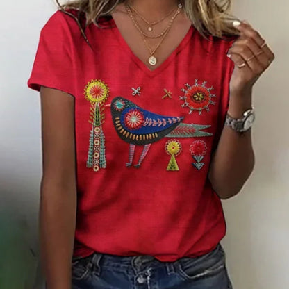 Women's Floral And Bird Embroidered V-neck Short-sleeved T-shirt