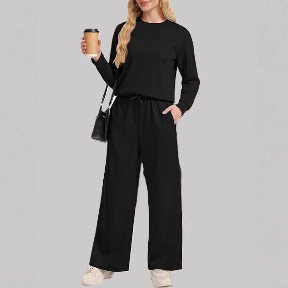 Knitted Long-sleeved Top Casual Wide-leg Trousers Suit