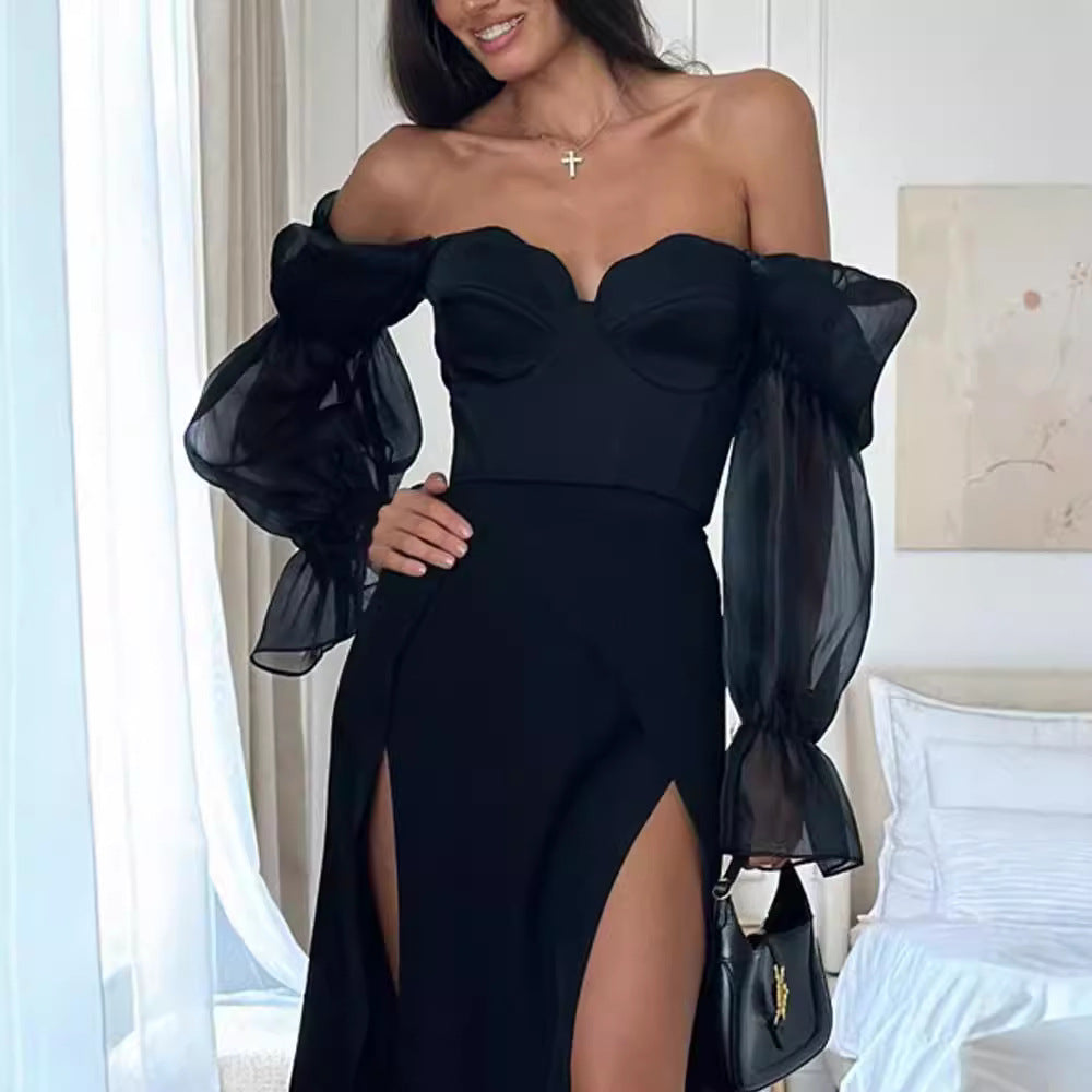 Women's Sexy Off-the-shoulder Tube Top Mesh Lantern Sleeve Slim Fit Slit Dress