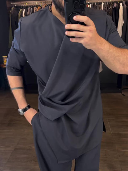 Men's Casual Long Sleeve Draped Top High Waist Pants Set