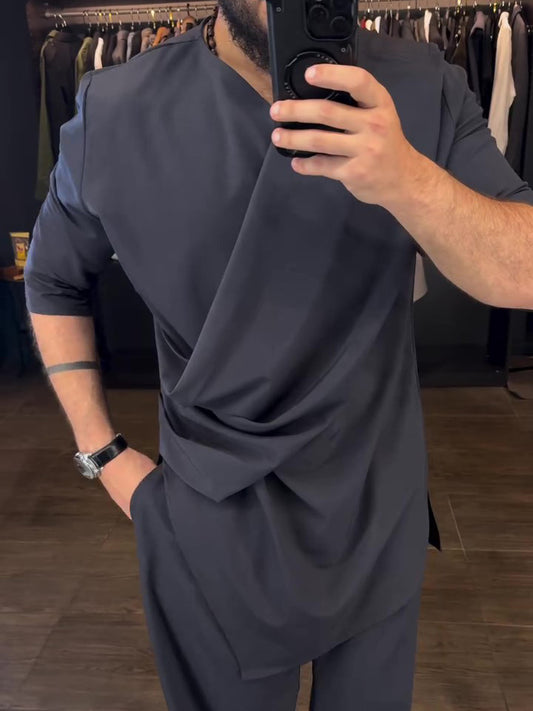 Men's Casual Long Sleeve Draped Top High Waist Pants Set